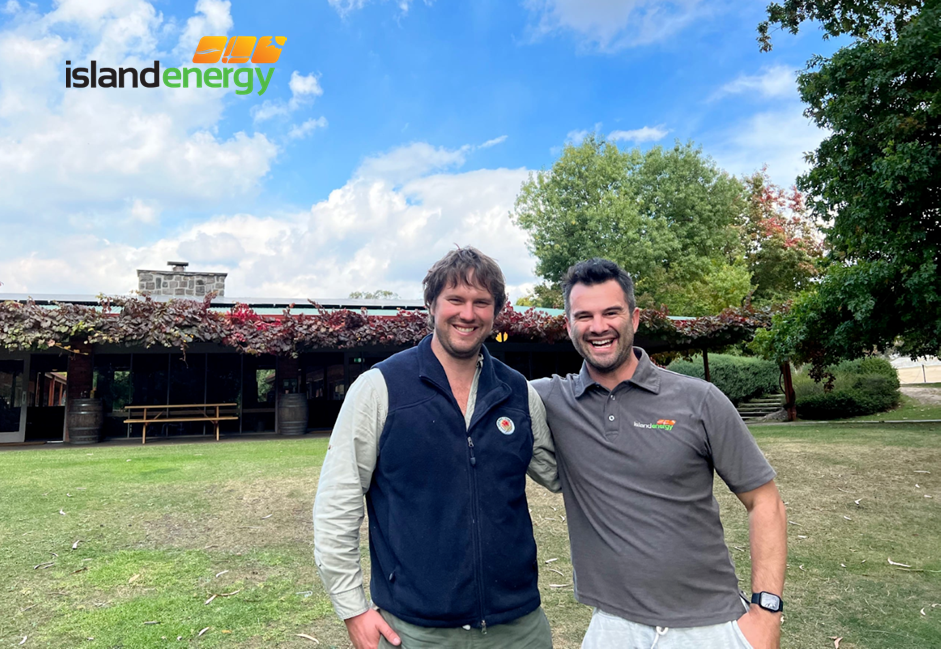 Photo: John Robinson, Camp Manager at Cave Hill Creek and Joel Thompson, Island Energy Solar on Camps Manager discussing the recent 29.7kW Solar roof installation.